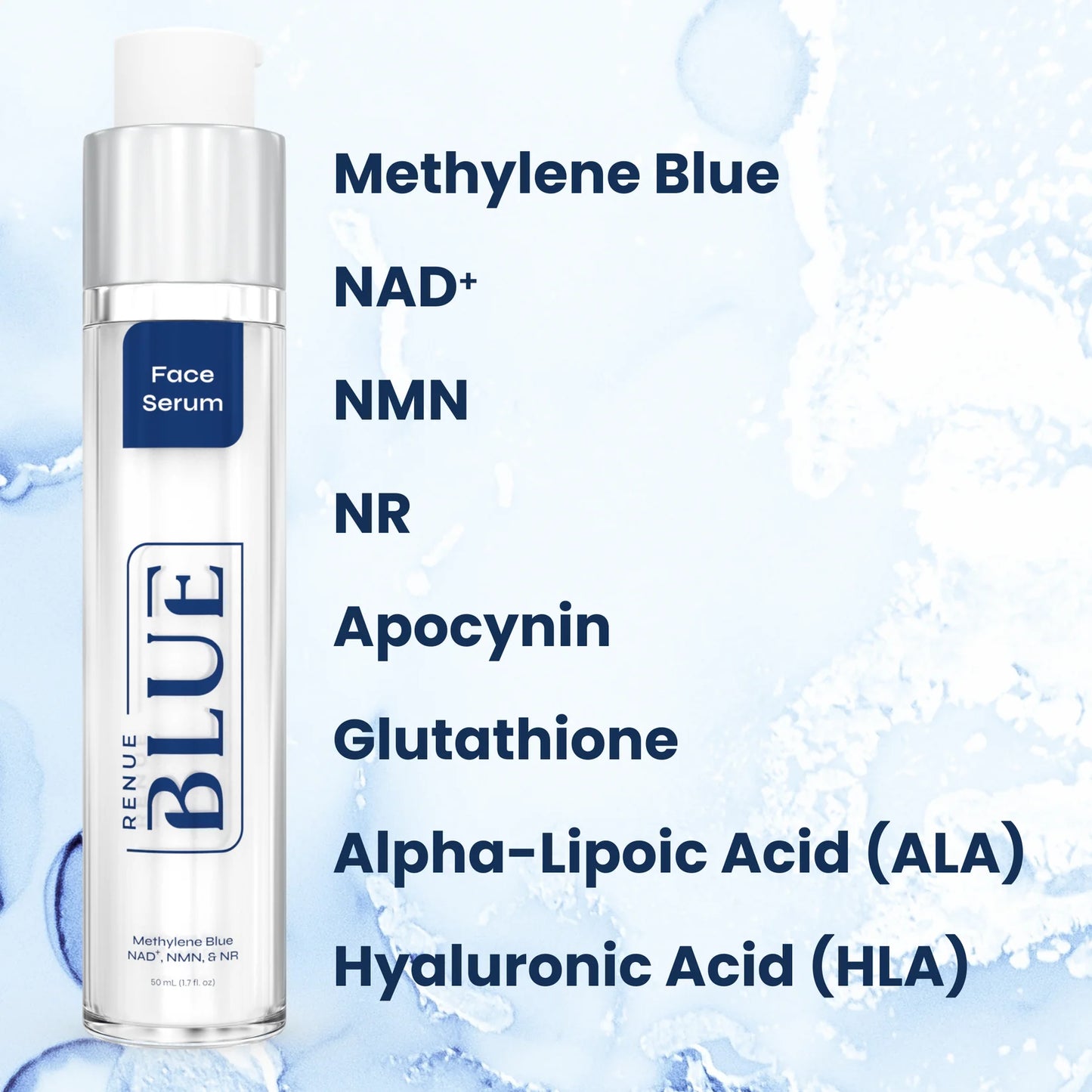 Renue Blue™ 面部和手部精华液,含亚甲蓝、谷胱甘肽、NAD⁺、NMN、NR(脂质体)