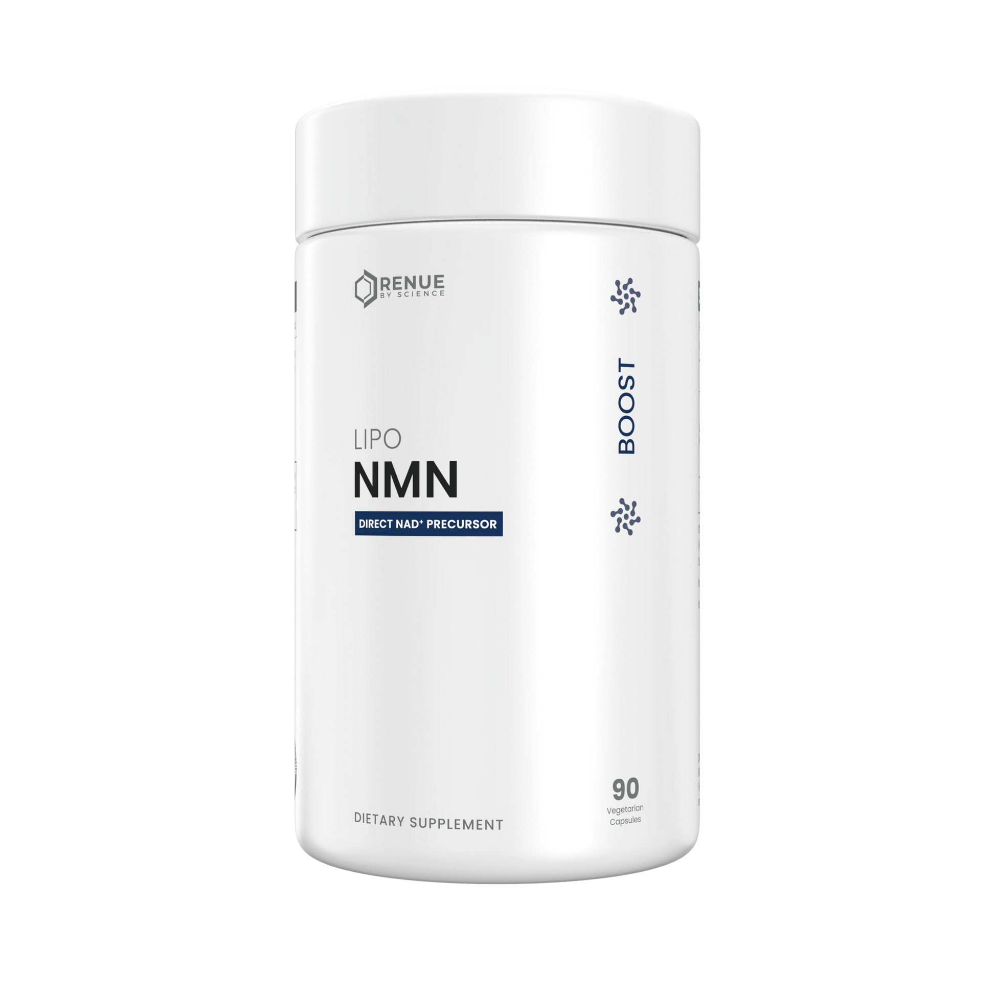 Supplement container labeled 'Lipo NMN' by Renue on a white background