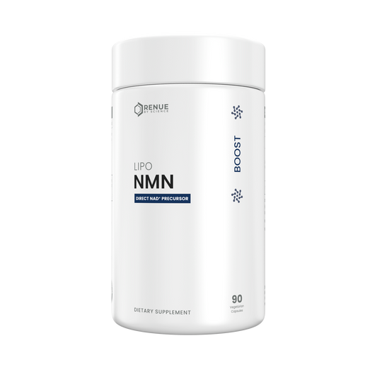 Supplement container labeled 'Lipo NMN' by Renue on a white background