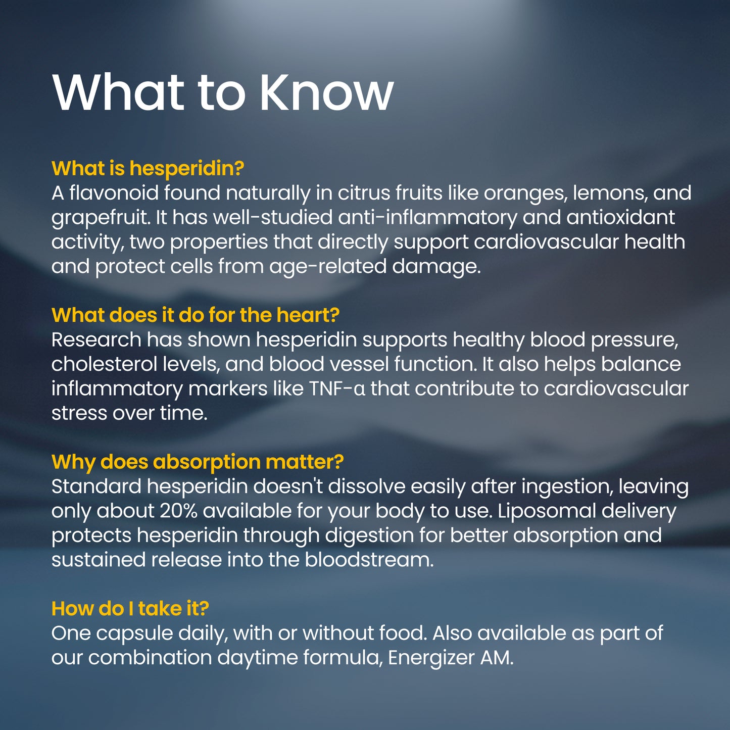 Information about hesperidin on a blue gradient background