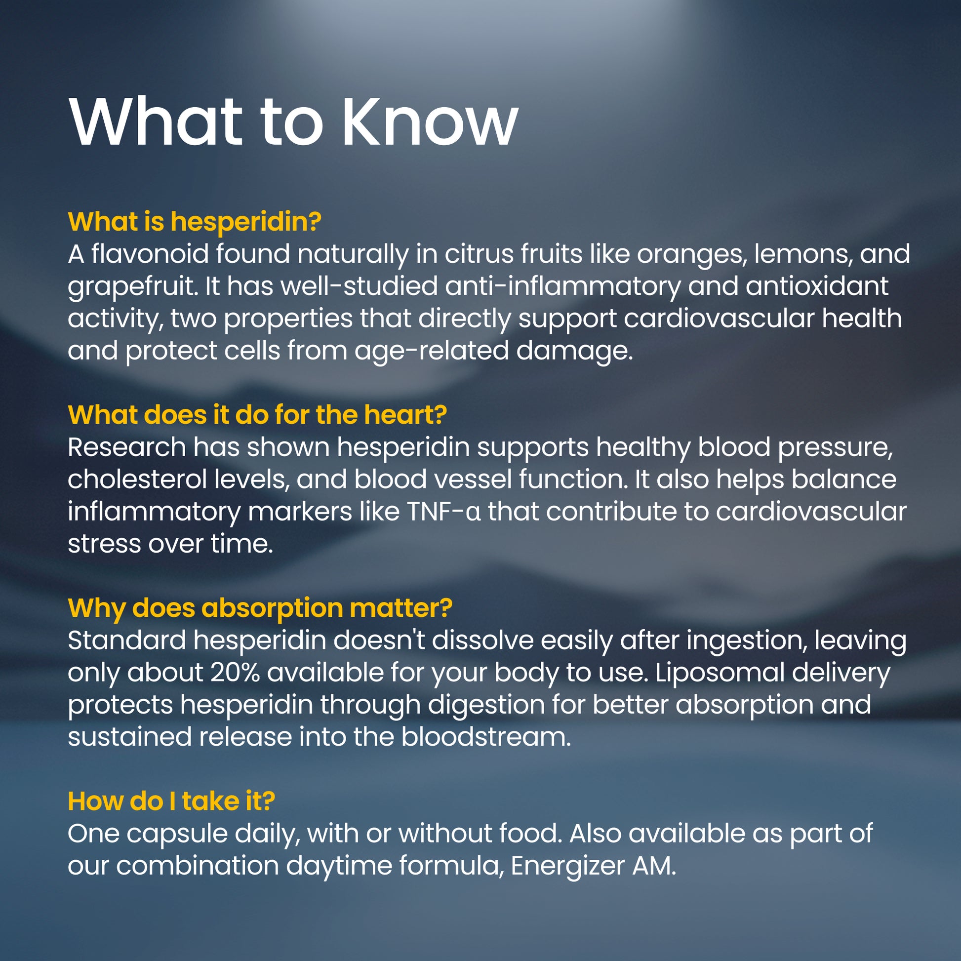 Information about hesperidin on a blue gradient background