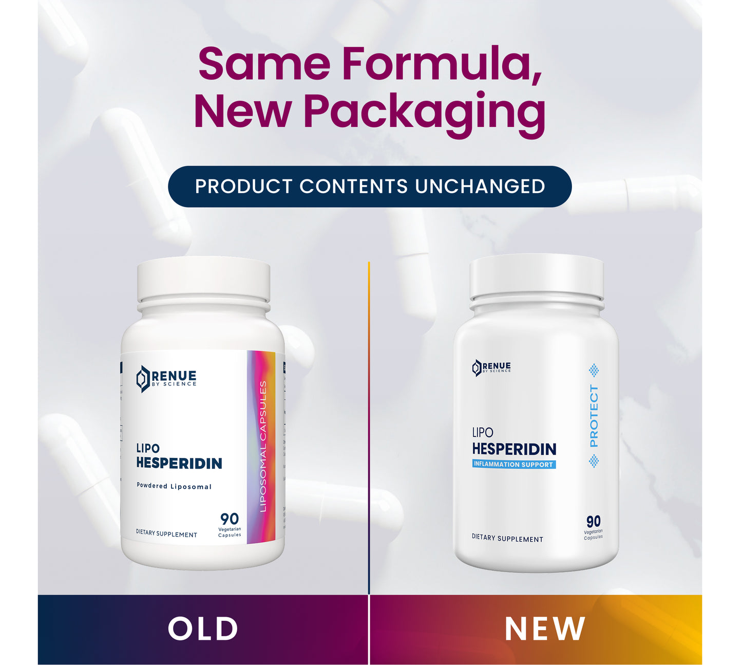 Two bottles of Renve Lipo Hesperidin with 'Same Formula, New Packaging' text on a gradient background.