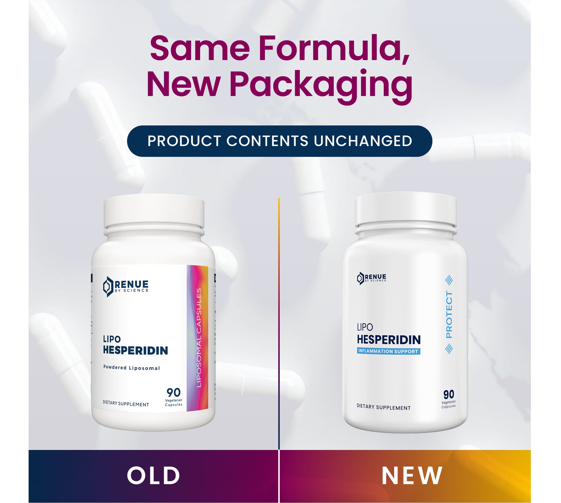 Two bottles of Renve Lipo Hesperidin with 'Same Formula, New Packaging' text on a gradient background.
