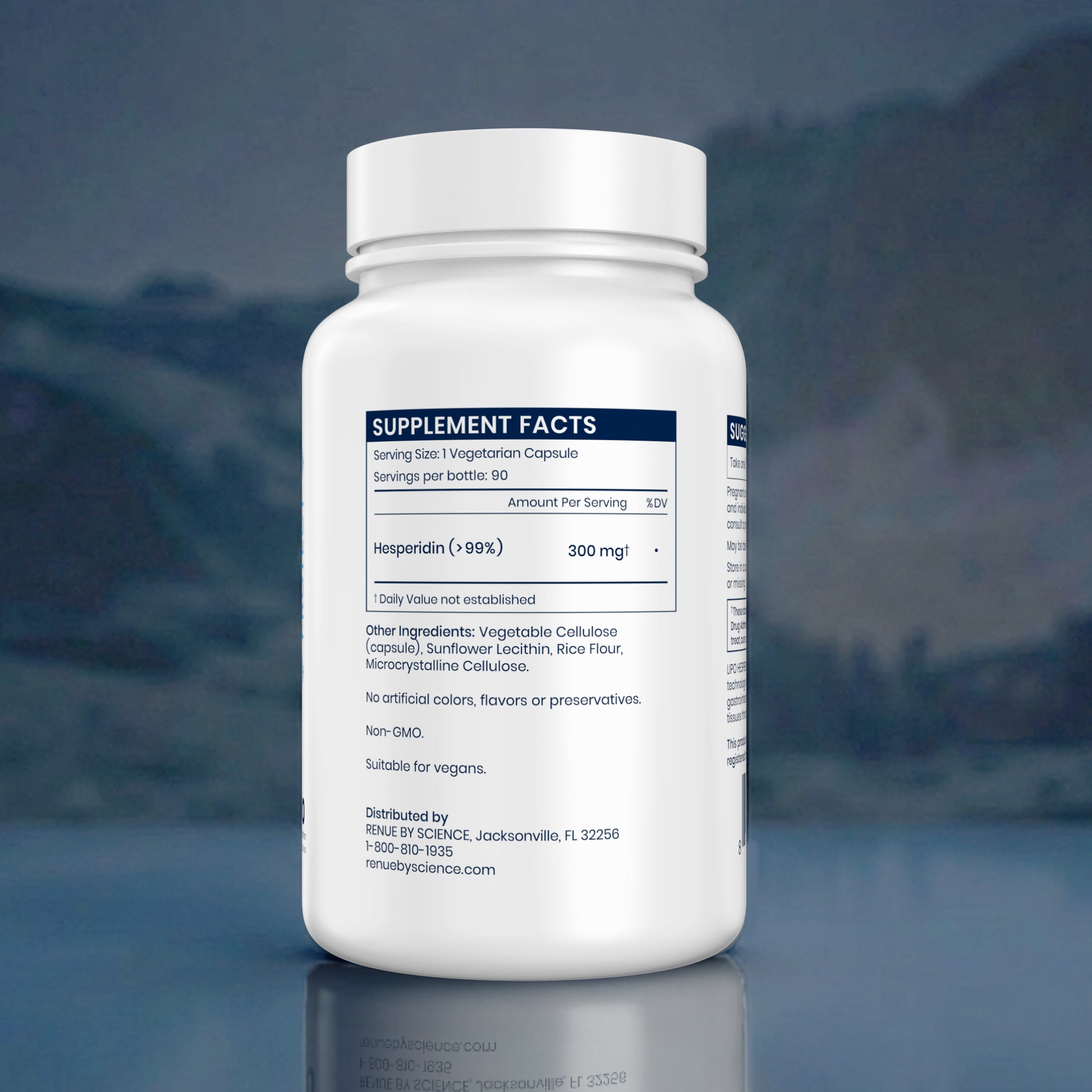 Supplement bottle with label on a blurred natural background