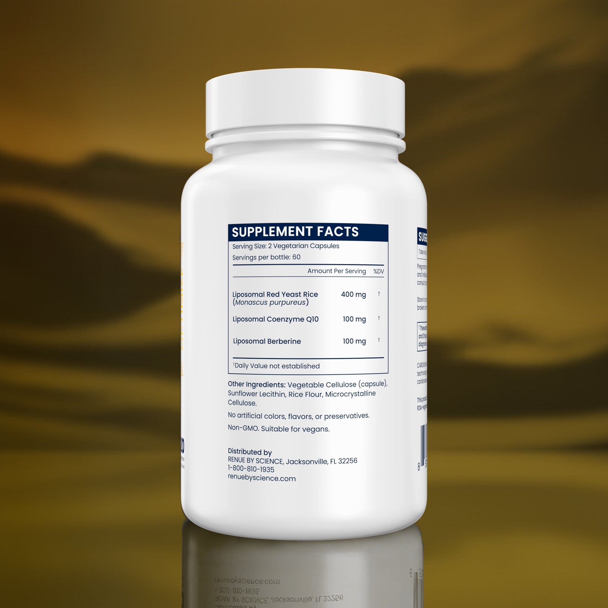 Supplement bottle with 'Supplement Facts' label on a blurred natural background