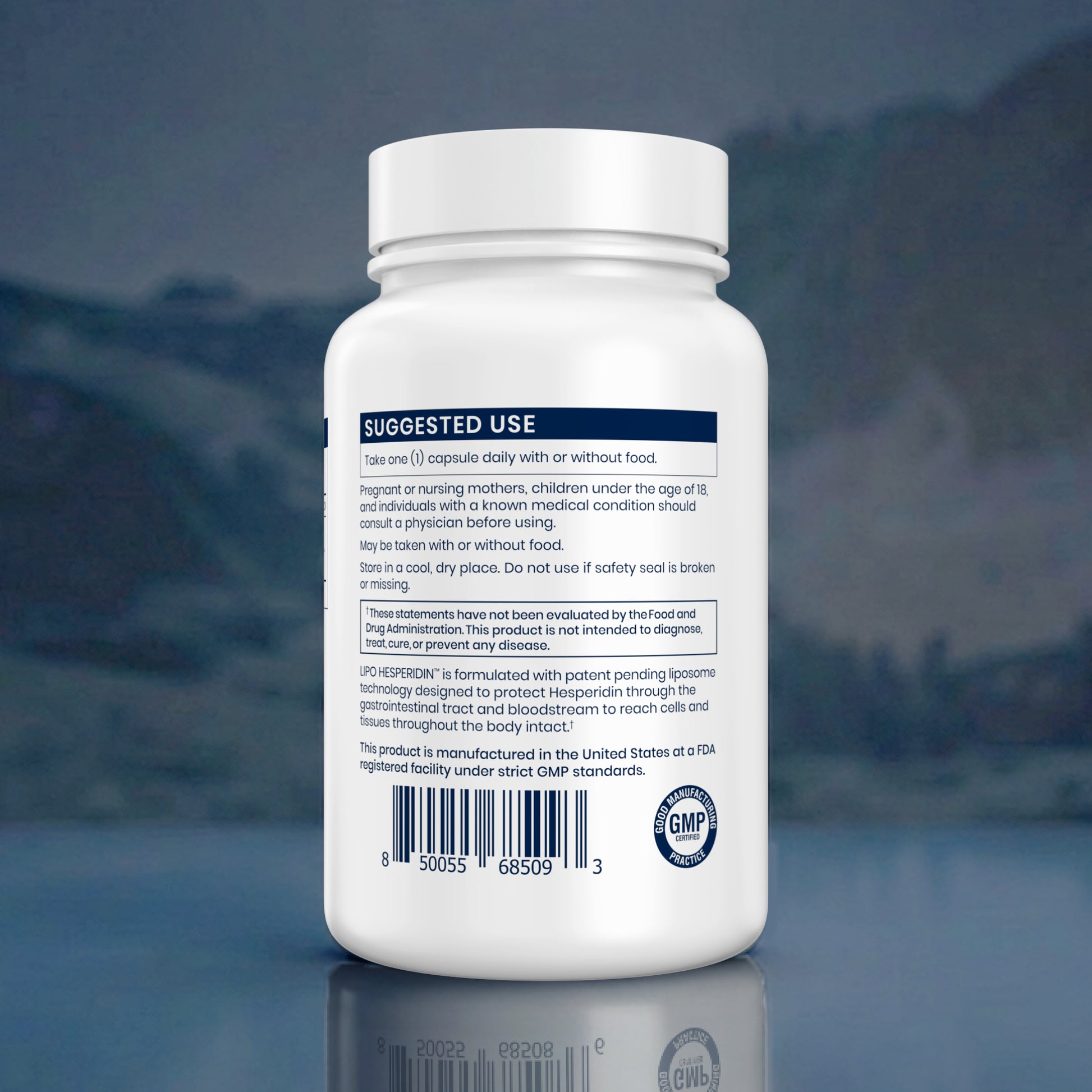 White supplement bottle with label on a blurred natural background