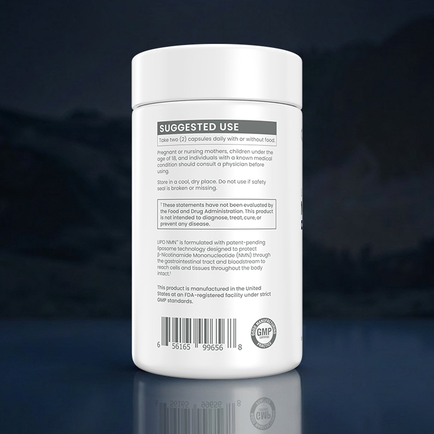 White supplement container with label on a dark background