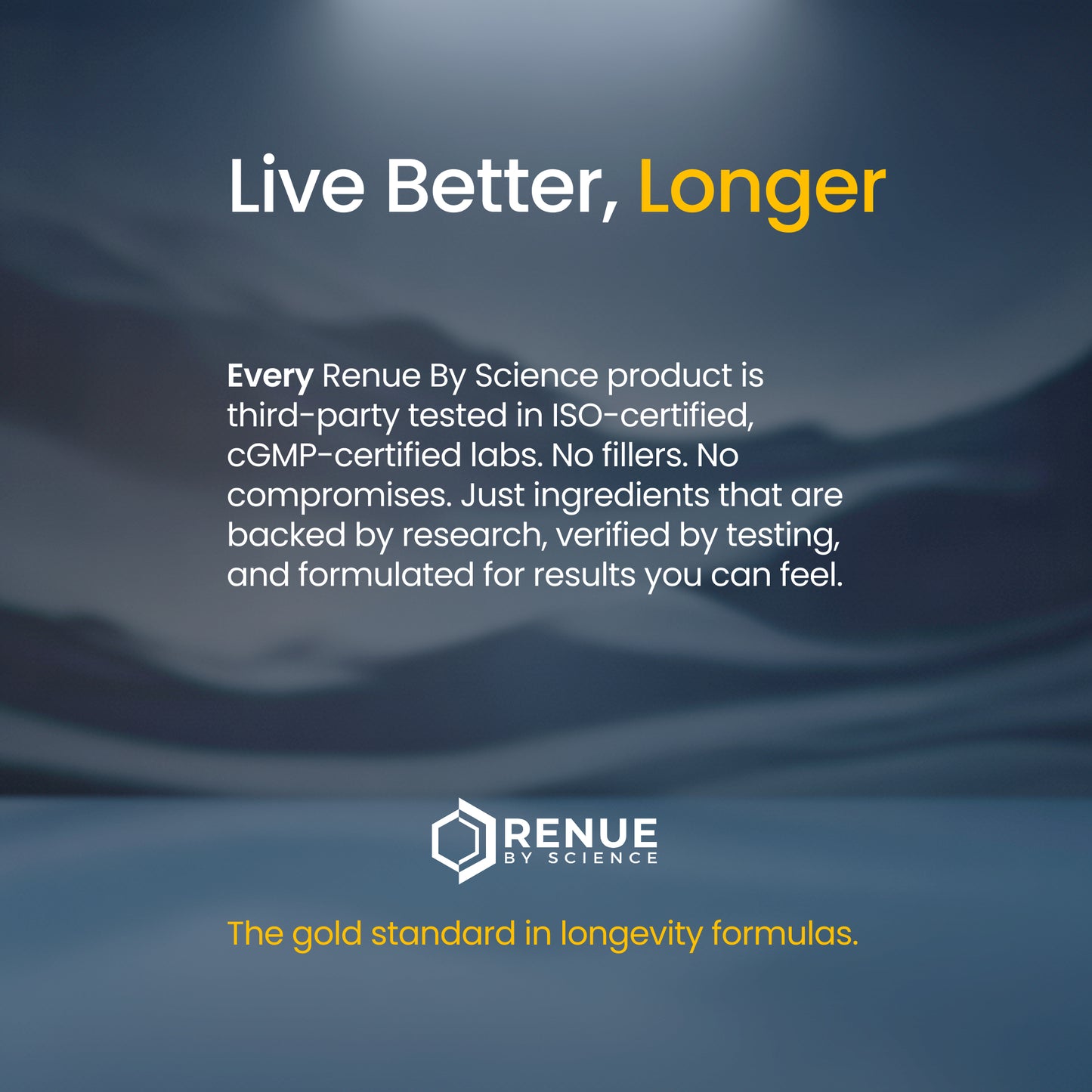 Advertisement for Renue by Science with text about product testing and quality on a dark background.