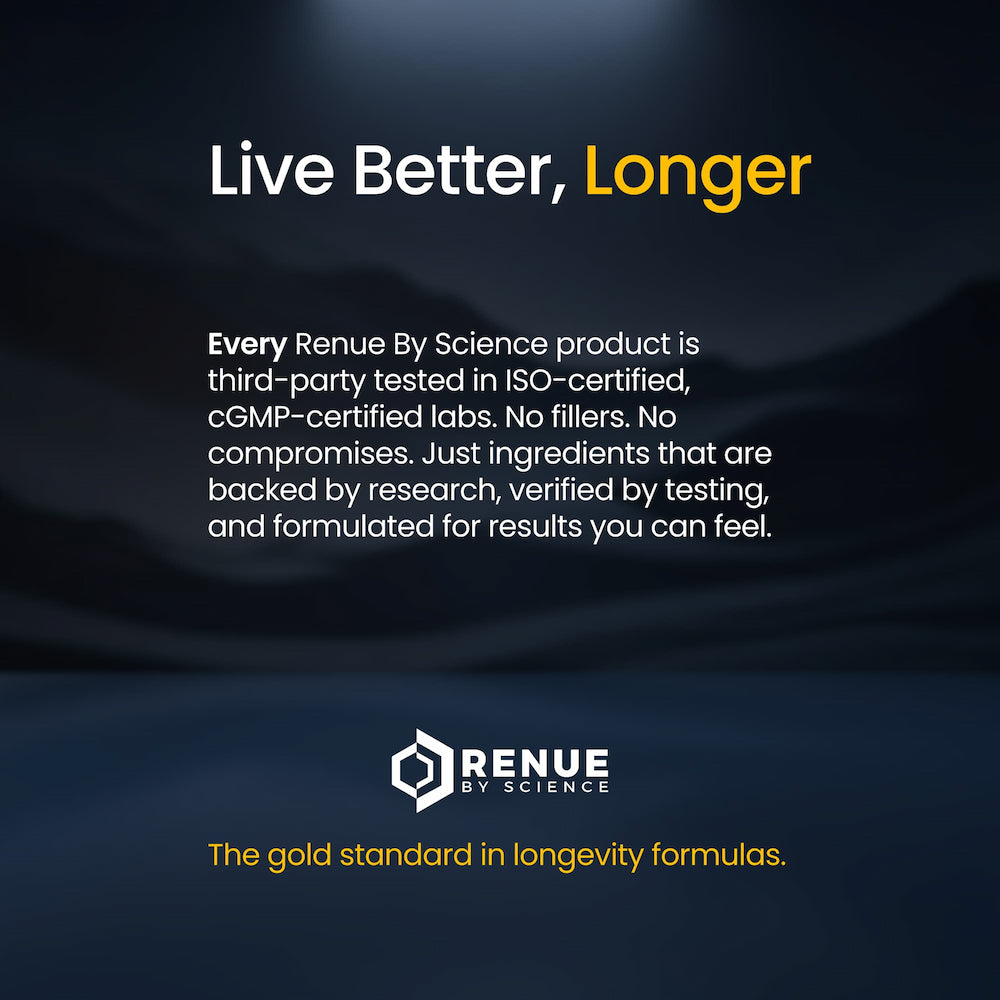 Promotional text for Renue by Science product on a dark background