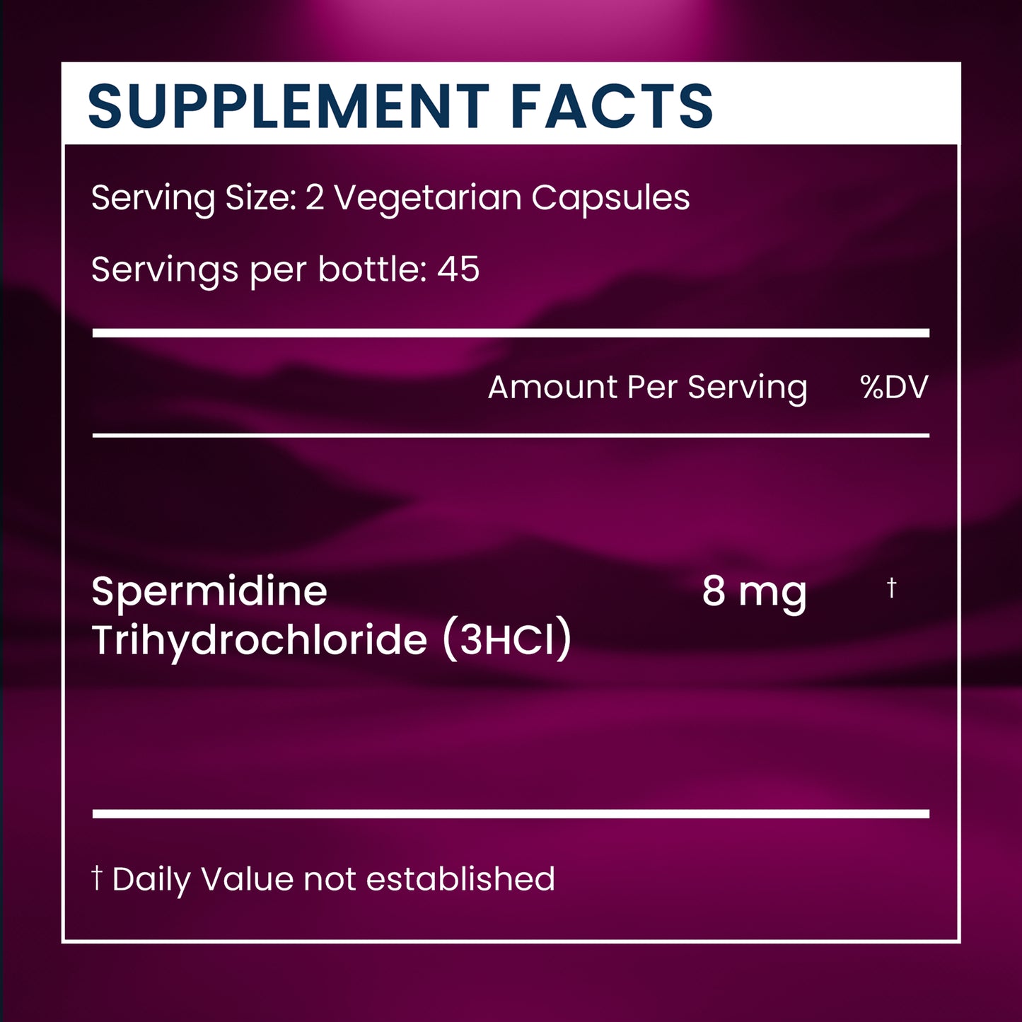 Supplement facts label for Spermidine Trihydrochloride on a purple background