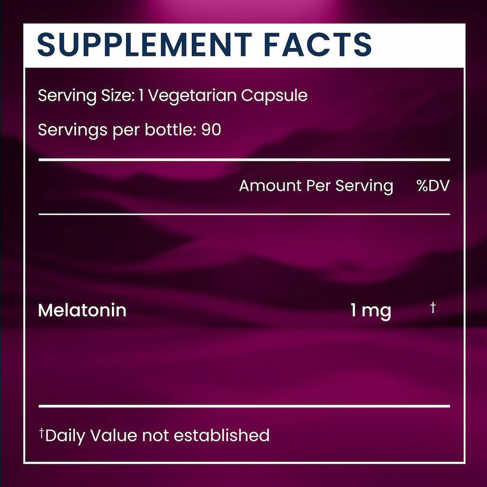 Supplement facts label for a vegetarian capsule with melatonin on a purple background