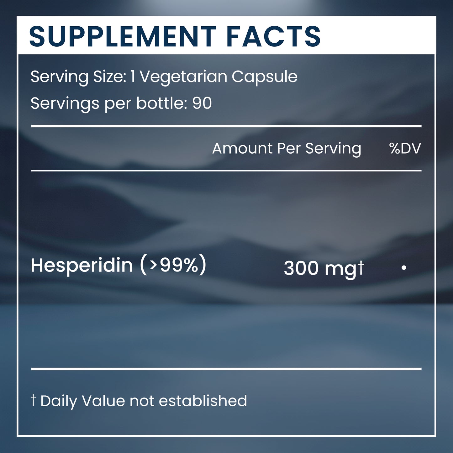 Supplement facts label for a product containing Hesperidin on a dark background