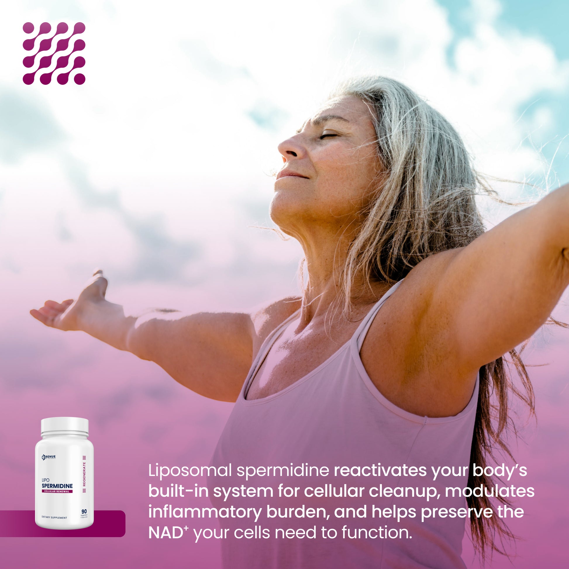 Woman with arms outstretched against a pink sky with a supplement bottle and text overlay.