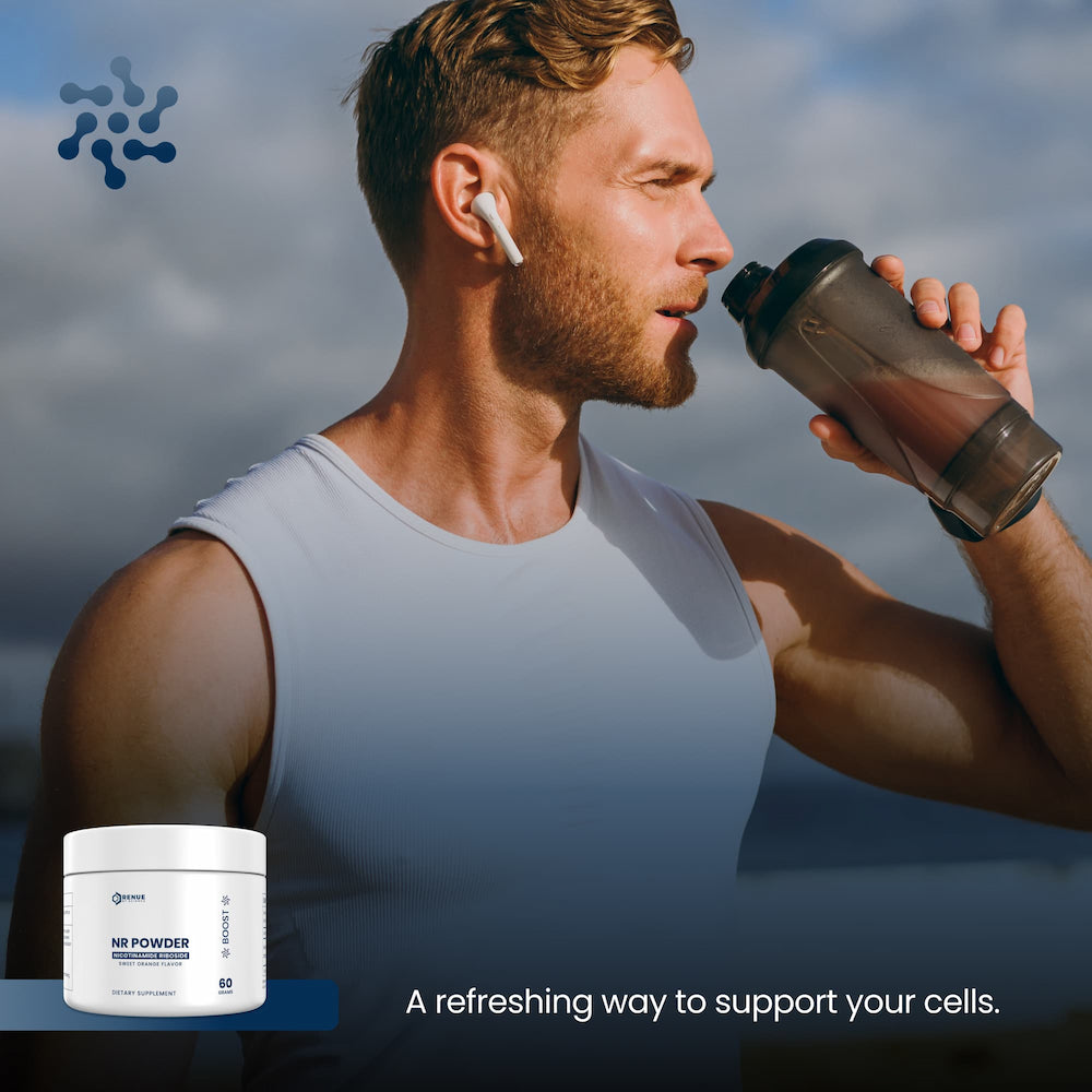 Man drinking from a shaker bottle with a supplement container and text about supporting cells.