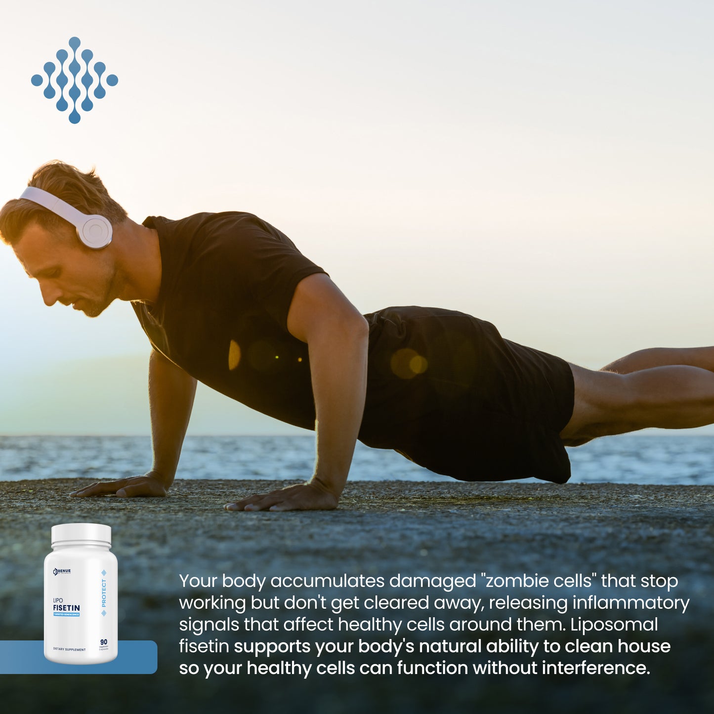 Man doing push-ups on a beach with a supplement bottle and text overlay.