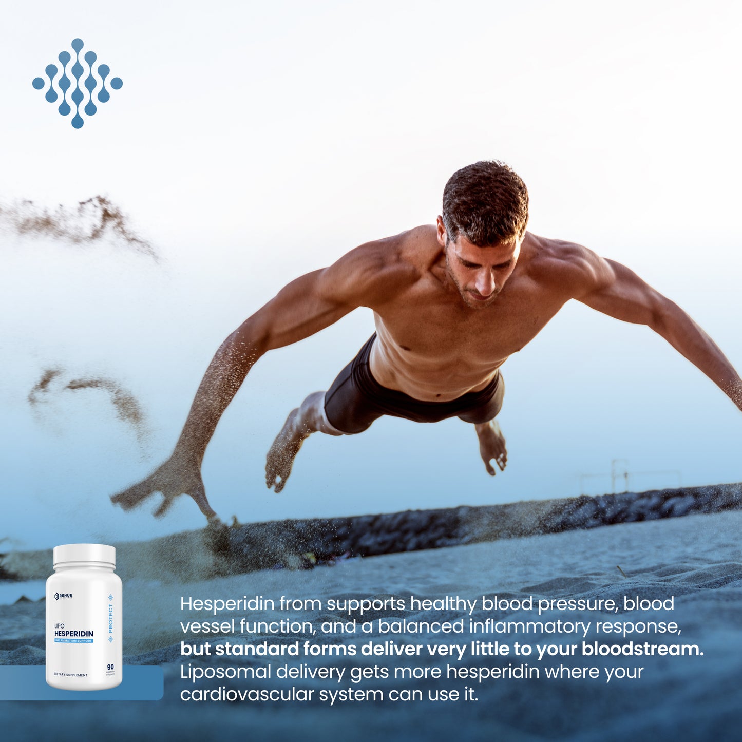 Man diving into water with a supplement bottle labeled 'Hesperidin' in the foreground.