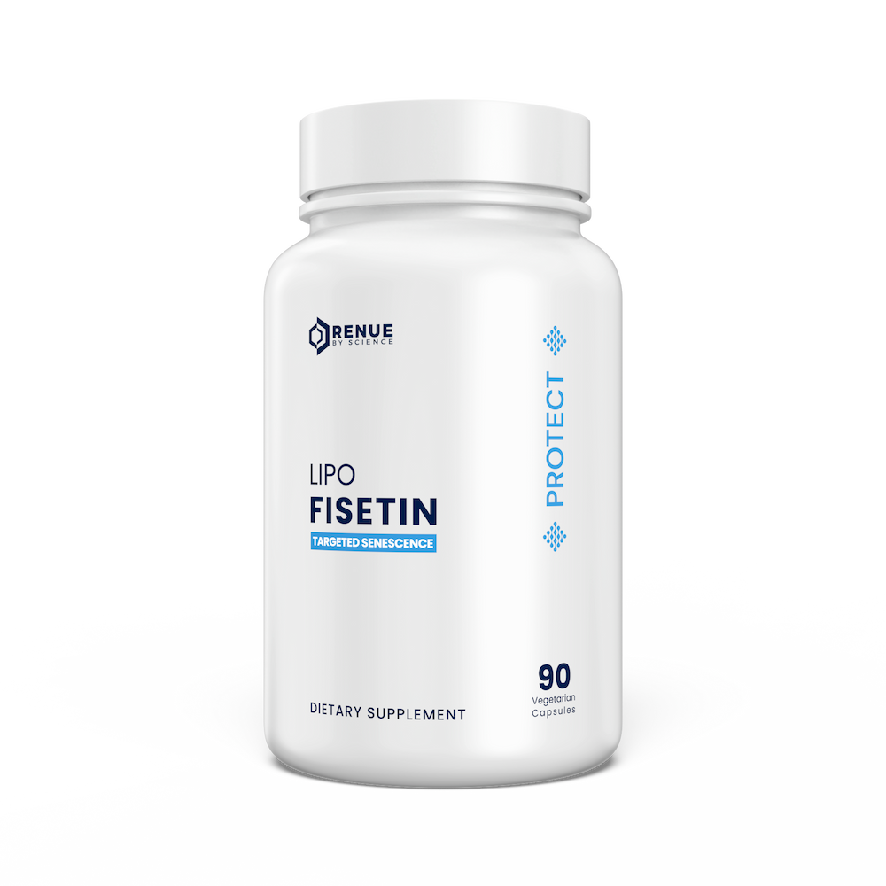Supplement bottle labeled 'Lipo Fisetin' by Renue on a white background