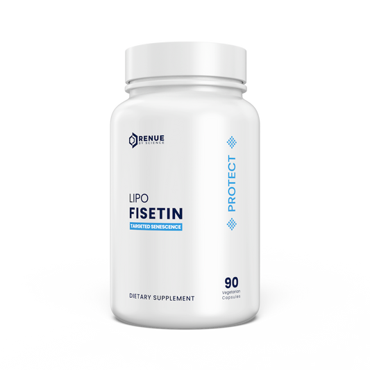 Supplement bottle labeled 'Lipo Fisetin' by Renue on a white background