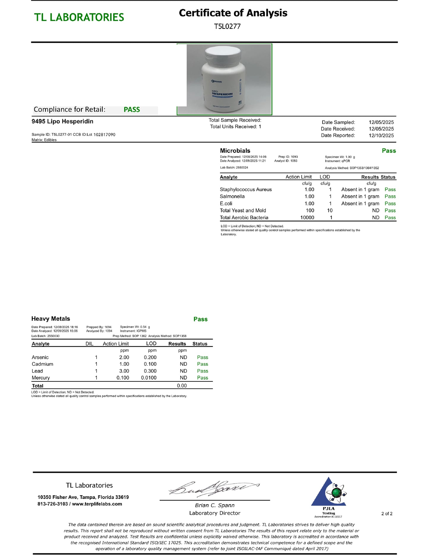 Certificate of Analysis from TL Laboratories with product image and test results.