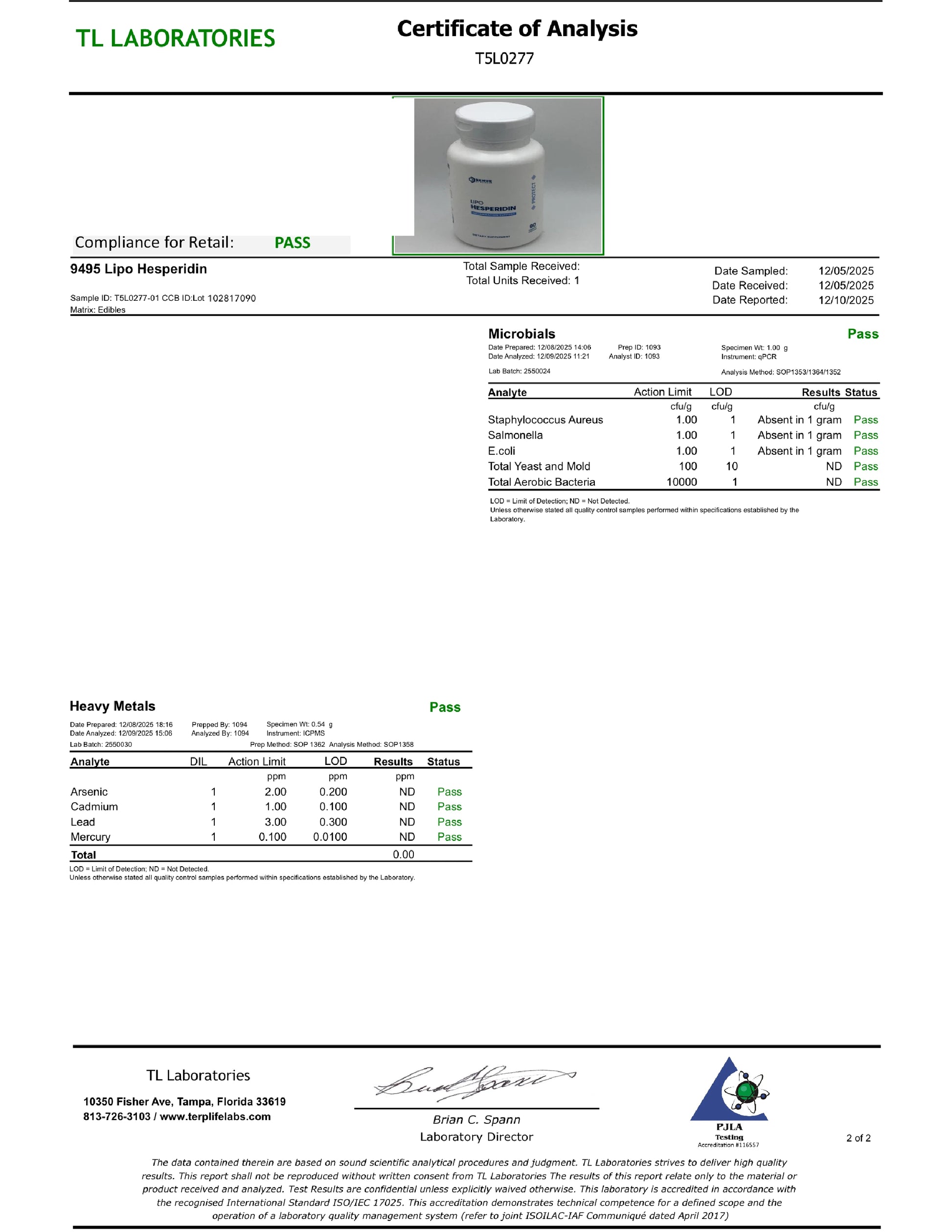 Certificate of Analysis from TL Laboratories with product image and test results.
