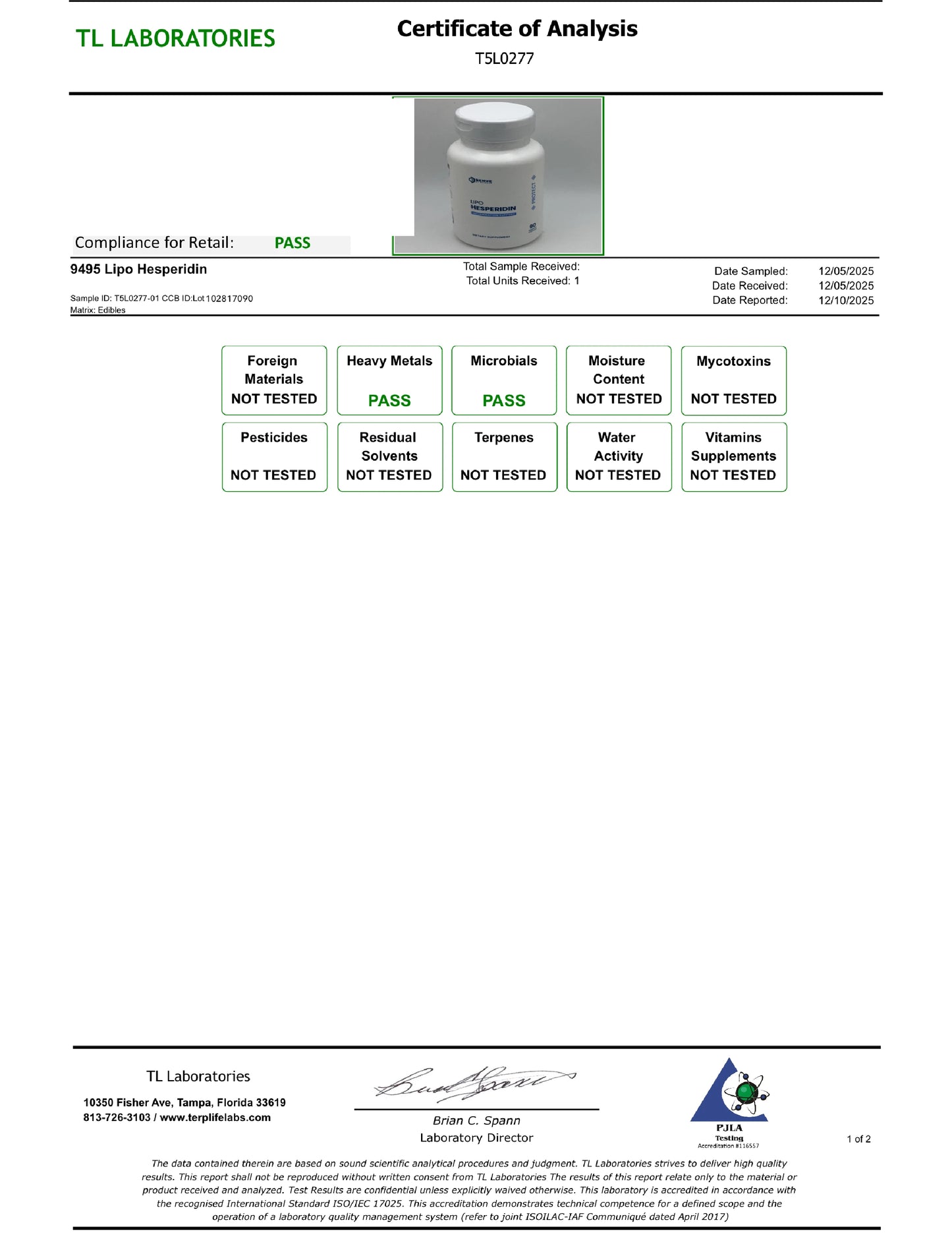 Hesperidin certificate of analysis by TL Labs page 1