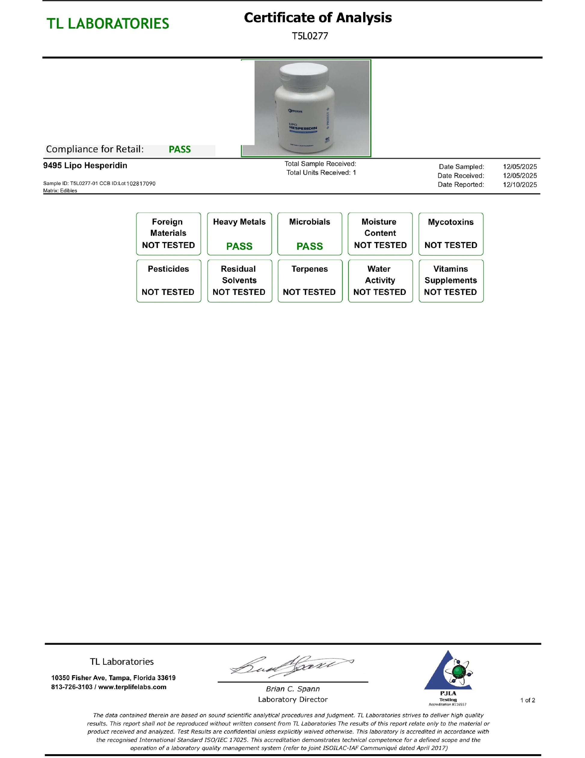 Hesperidin certificate of analysis by TL Labs page 1
