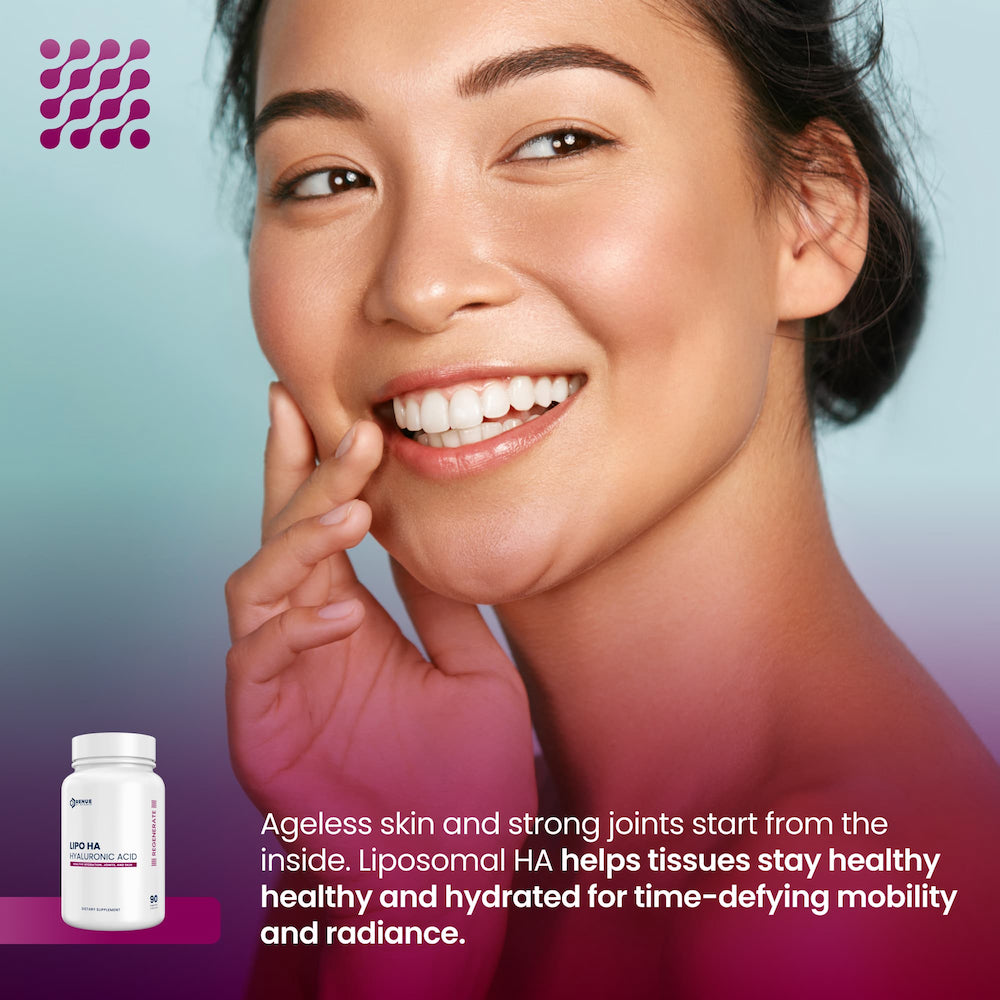 Woman with a product bottle on a gradient background with text about liposomal HA benefits.