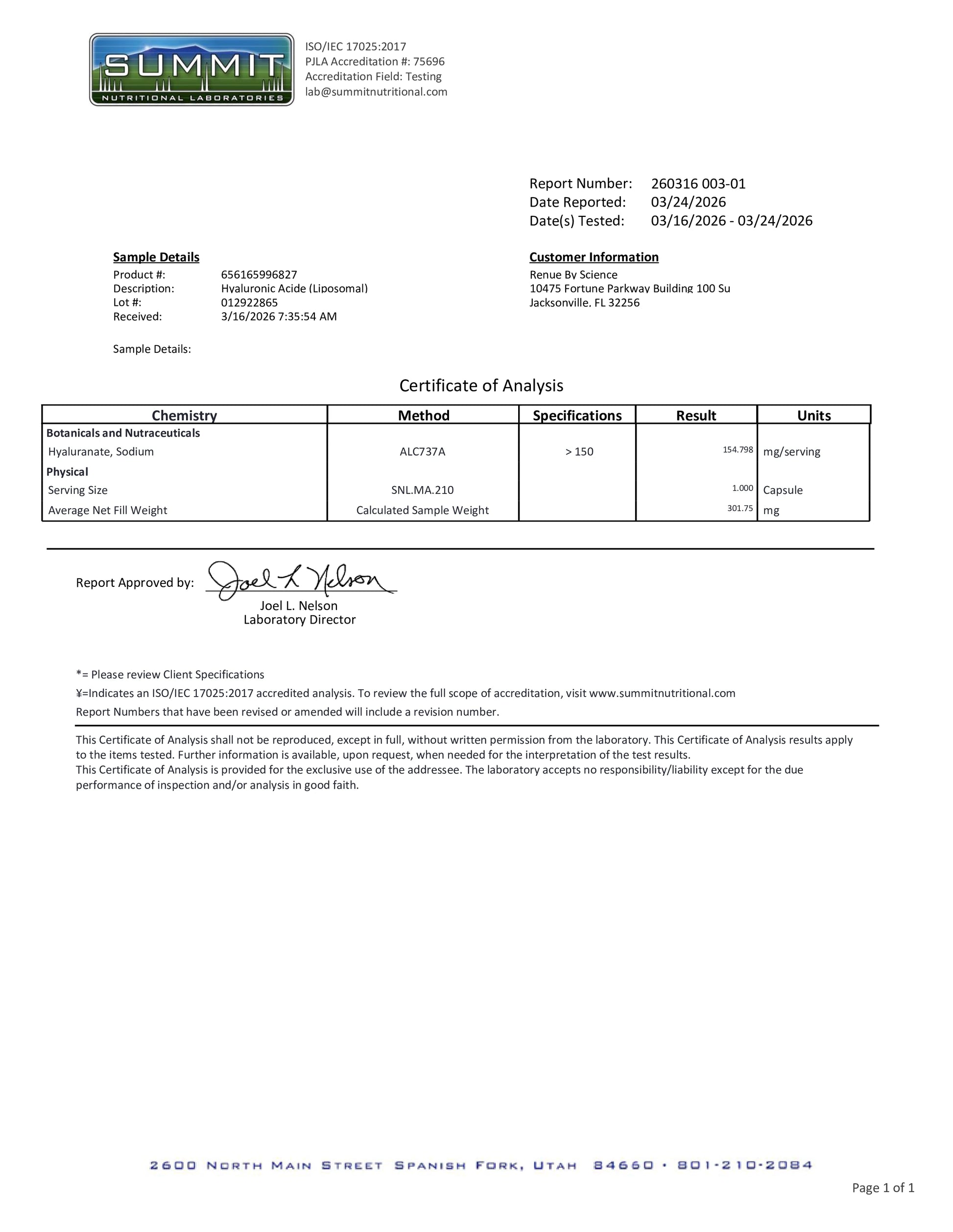 Summit certificate of analysis document with laboratory information and test results.