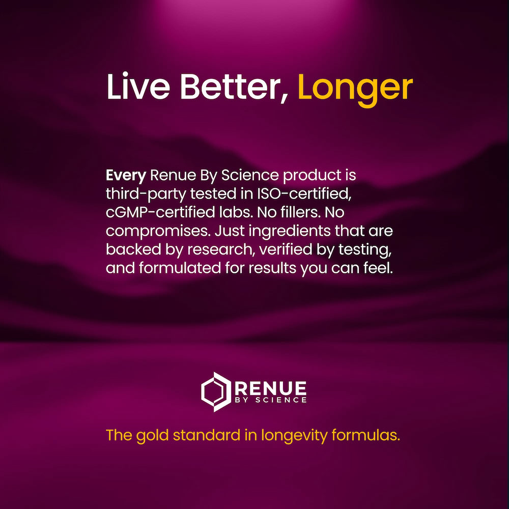 Promotional graphic for Renue by Science with text about product testing and ingredients on a purple background.