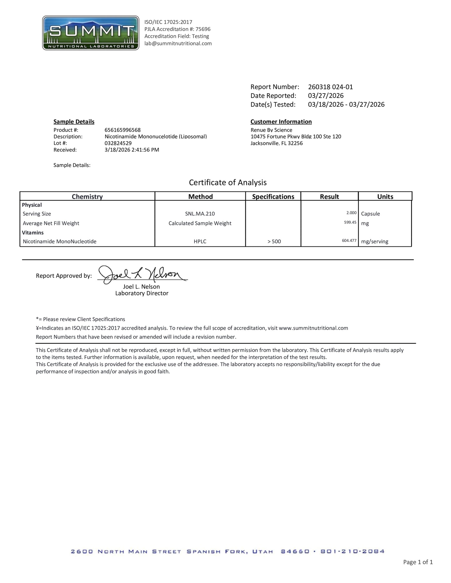 Summit laboratory analysis report on a white background
