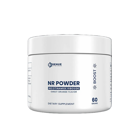 Supplement jar labeled 'NR Powder' with 'Renue' branding on a reflective surface with dark background