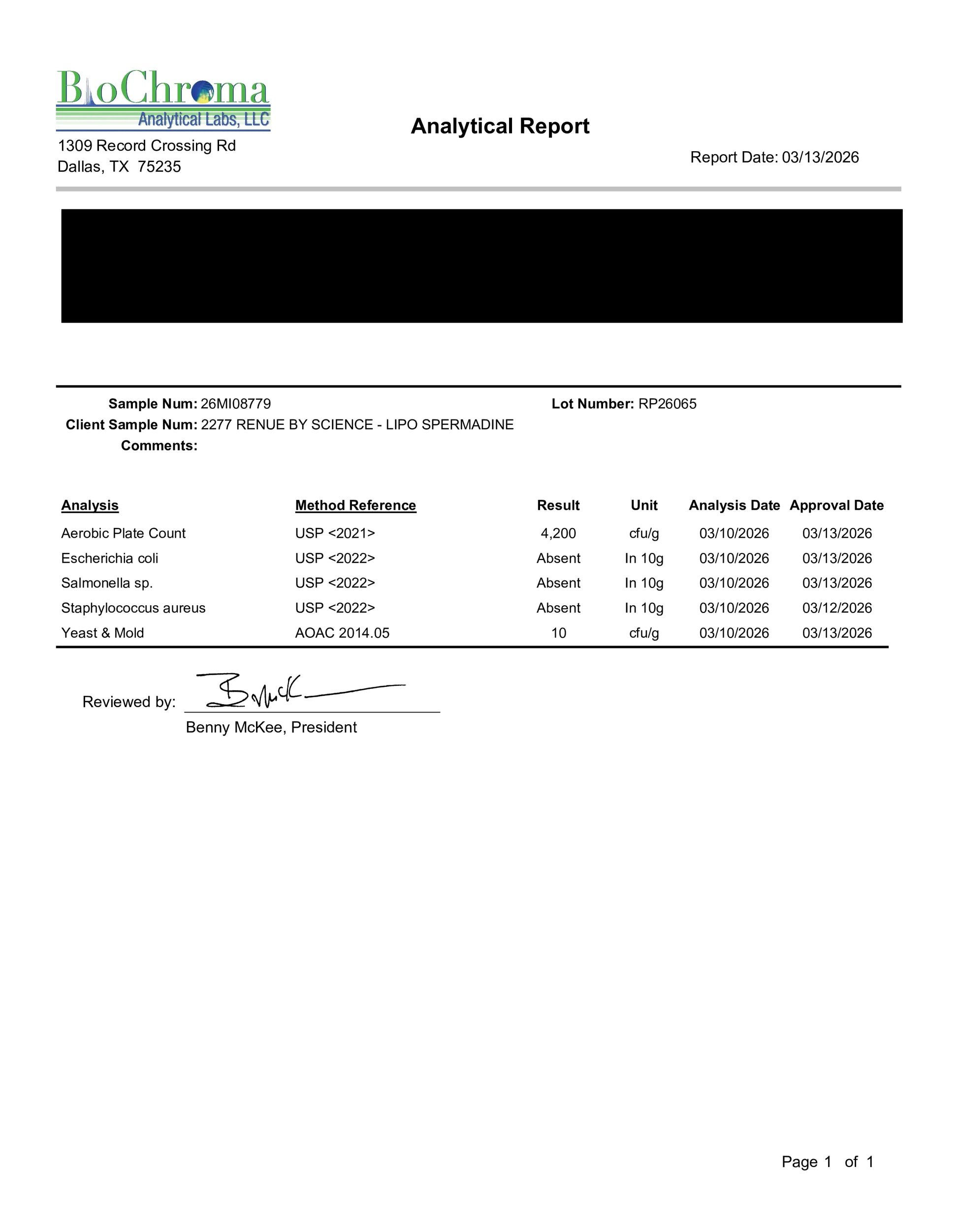 Analytical report from Biochroma Analytical Labs with test results and signatures.