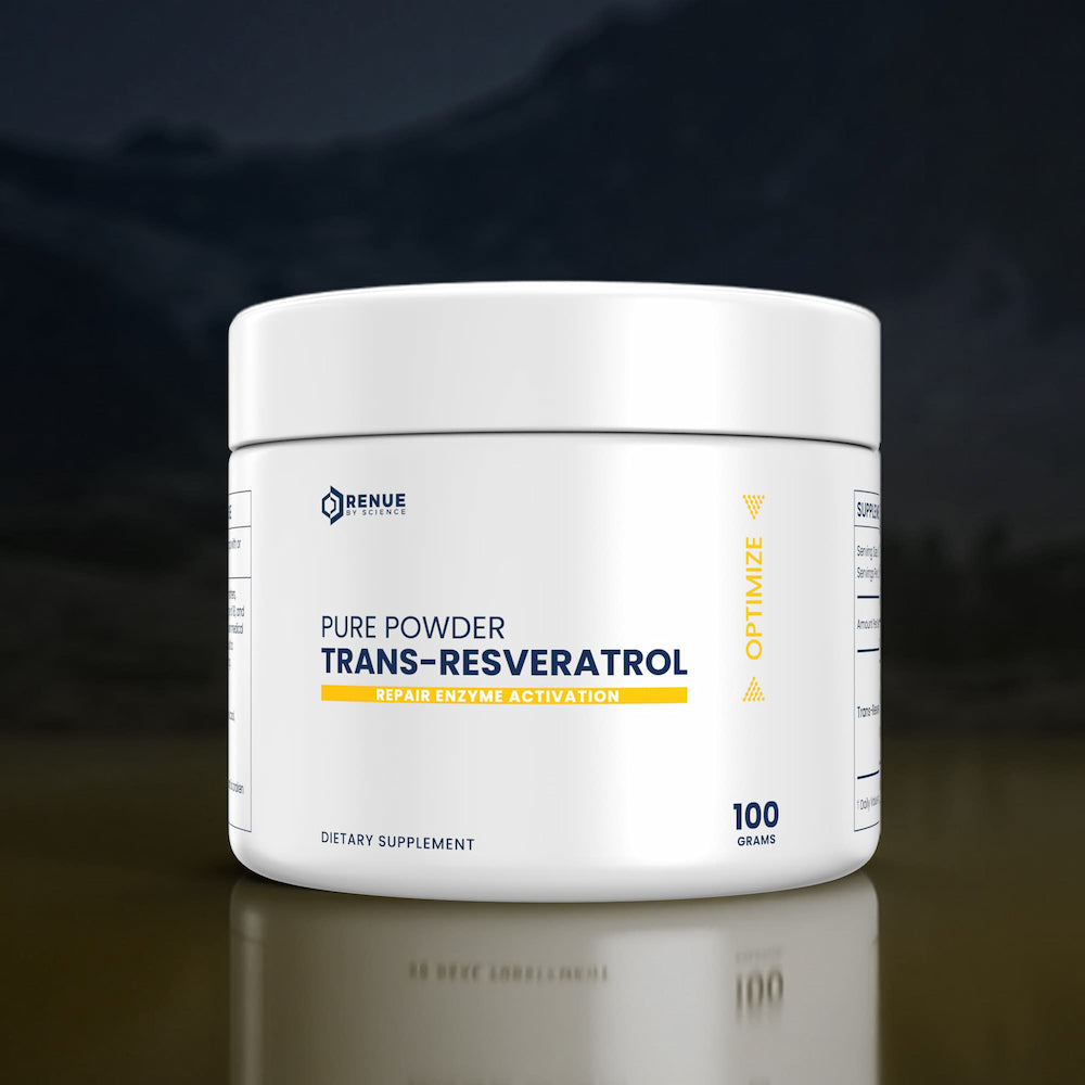 Supplement container labeled 'Pure Powder Trans-Resveratrol' on a reflective surface with dark background