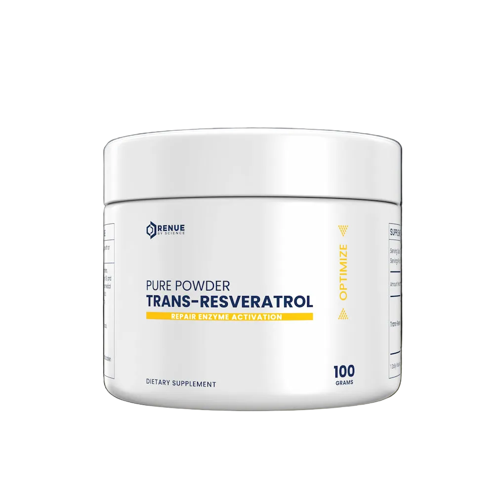 Supplement container labeled 'Pure Powder Trans-Resveratrol' on a reflective surface with dark background
