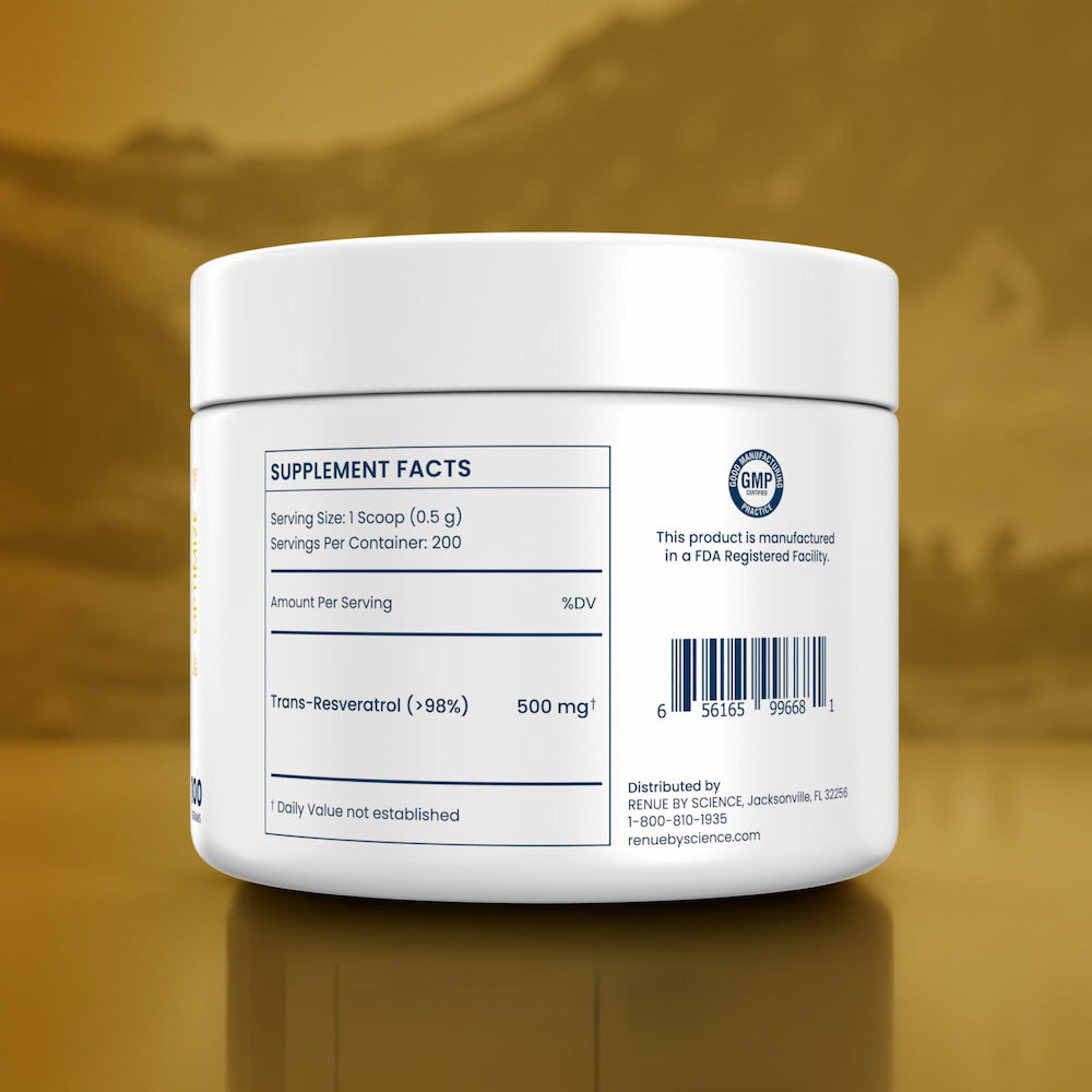 Supplement container with label on a reflective surface and blurred background