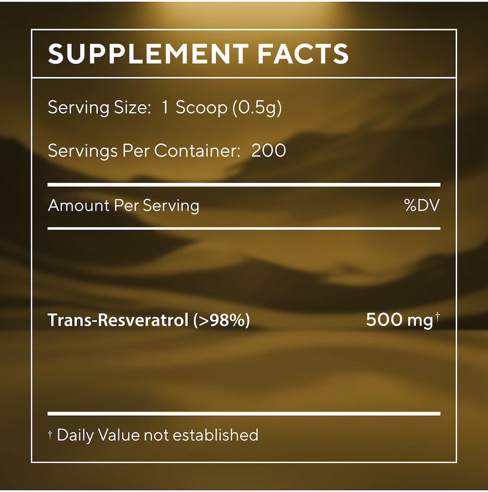 Supplement facts label with trans-resveratrol content on a dark background