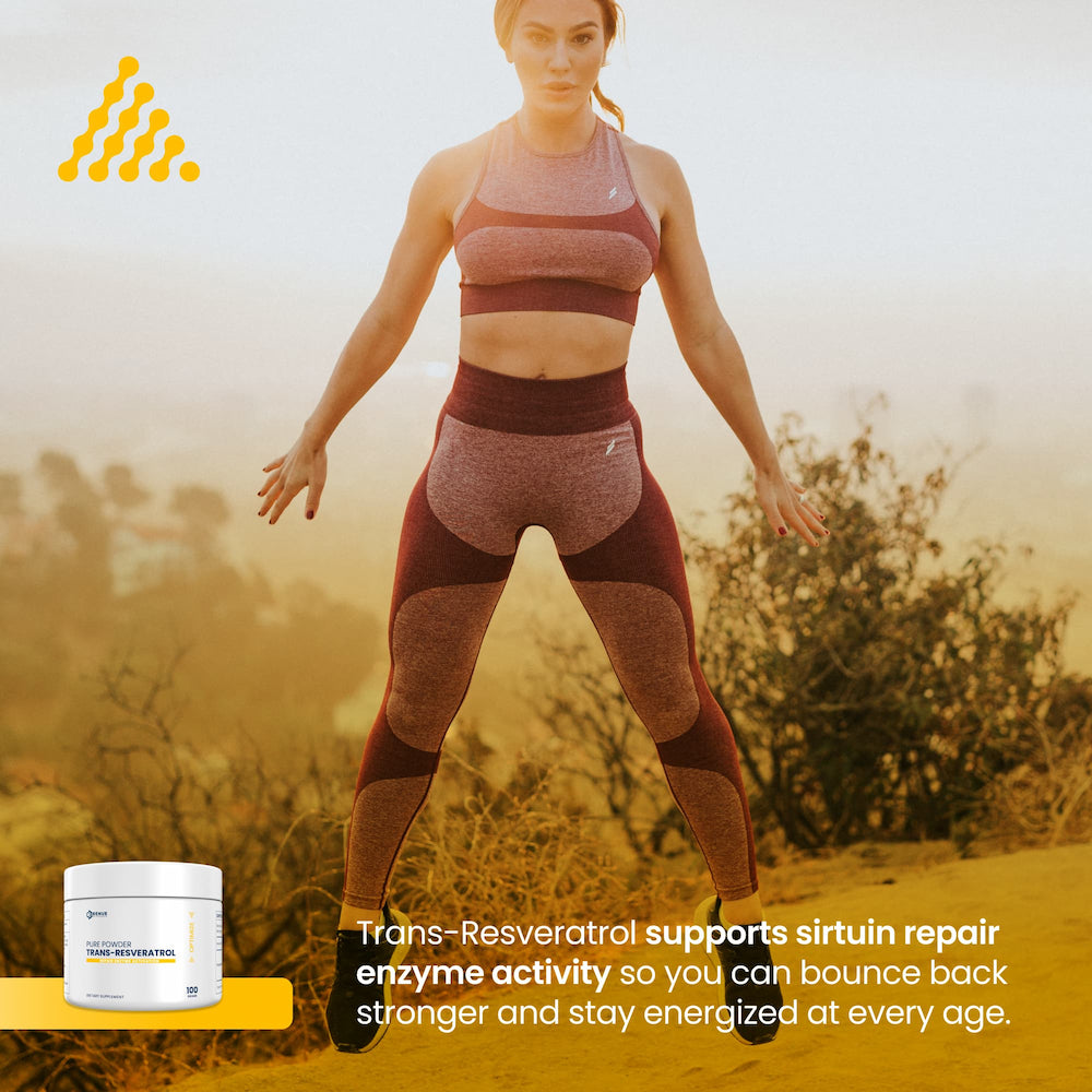 Woman in athletic wear standing outdoors with a supplement container labeled 'Trans-Resveratrol' in the foreground.